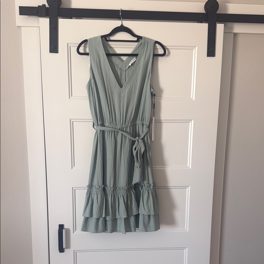 Calvin Klein Eucalyptus Green Ruffled Tiered Sundress with V-Neck